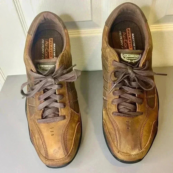 Skechers Other - “Skechers” Men’s Air Cooled Relaxed Fit Lace Up Brown Leather Loafers Size 12 👞